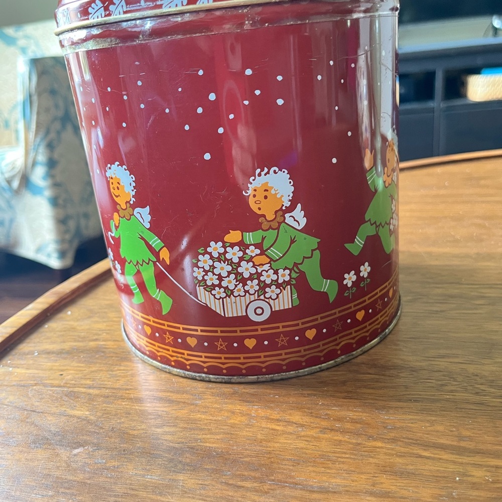 Vintage Karen Volf Red Holiday Angel Tin Canister with Floral Wagon Design